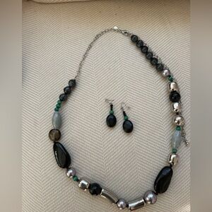 Chico’s Handcrafted Black & Green Beaded Necklace with Matching Earrings